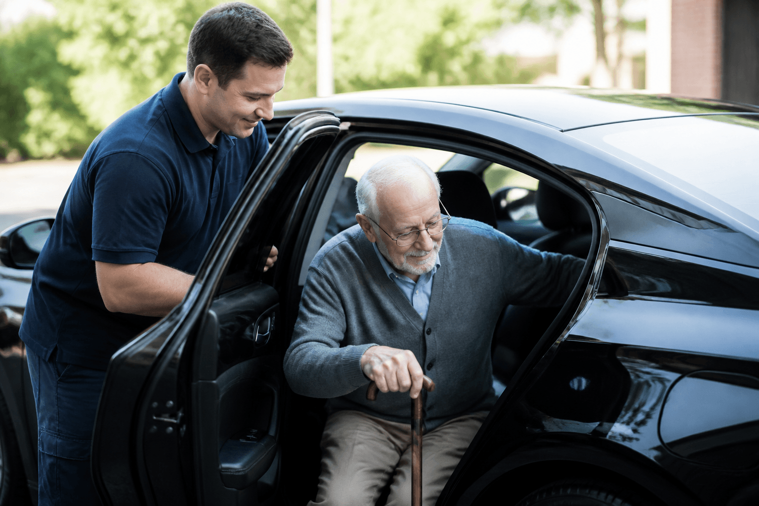 Driver helping an older passenger into a comfortable passenger vehicle
