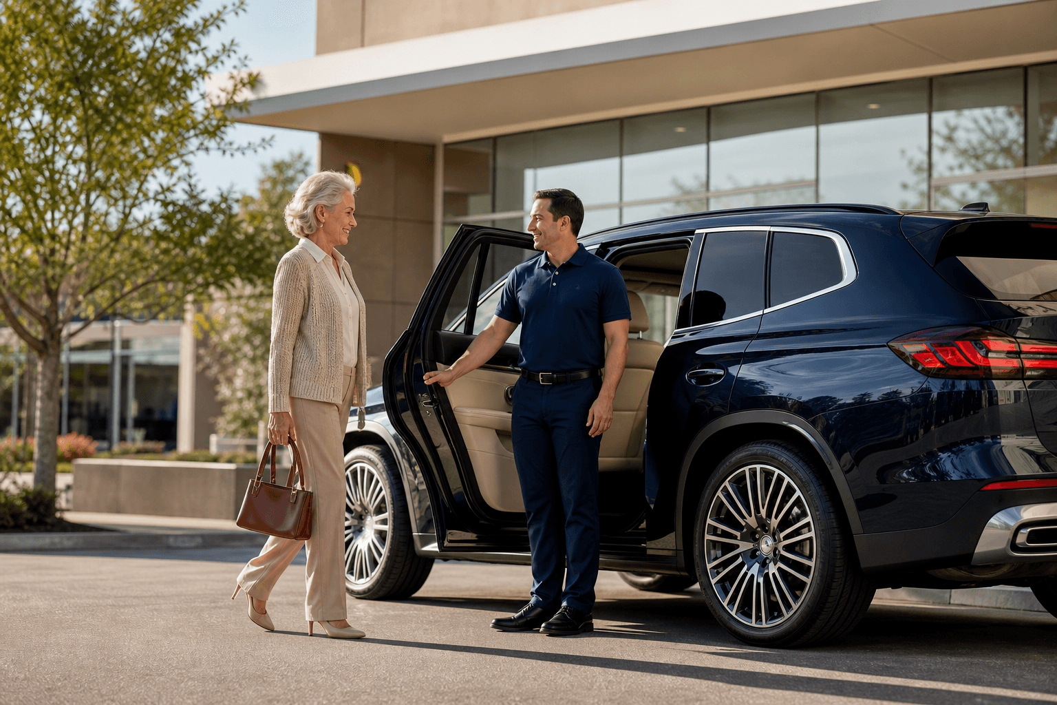 Professional driver assisting an older passenger into a clean modern SUV at a medical clinic