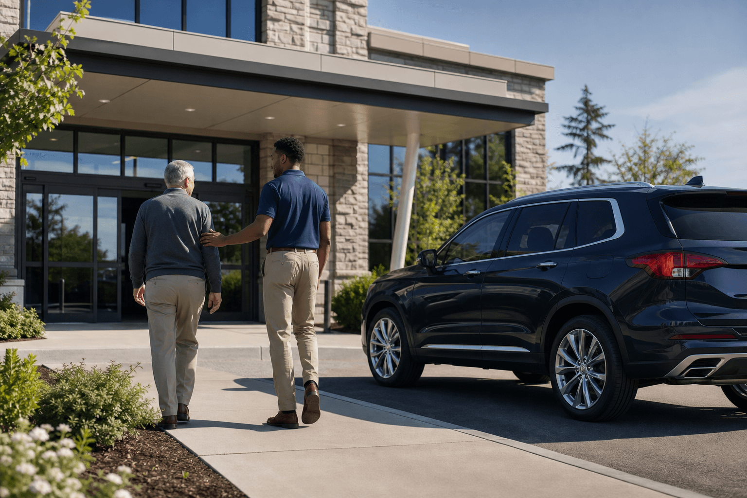 Driver walking with a passenger toward a medical clinic entrance