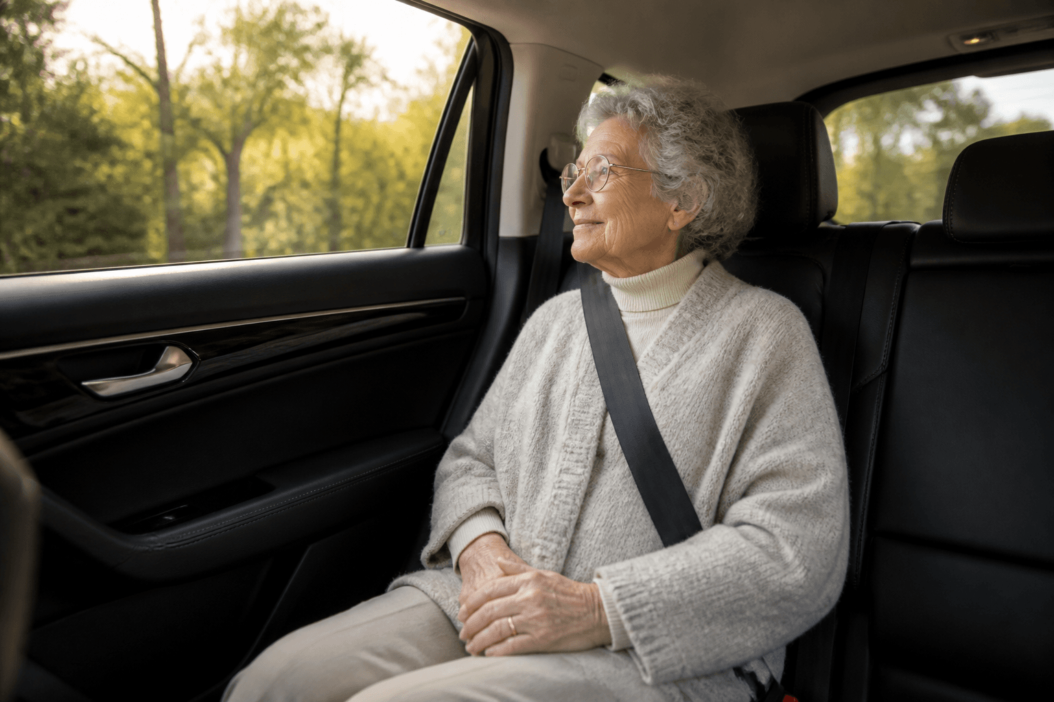 Older passenger seated comfortably in a clean modern vehicle